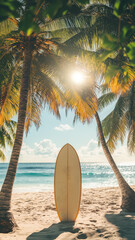 Surfboards against the backdrop of a Hawaiian beach with palm trees and a turquoise ocean.