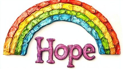 A vibrant rainbow made of colorful layers arcs above the word hope crafted in pink. This artistic display conveys a message of positivity and cheerfulness