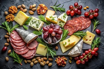 Aromatic Gourmet Cheese and Charcuterie Board Featuring Varied Cheeses, Sliced Salami, Grapes, and Nuts