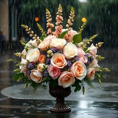 Elegant anime-inspired floral arrangement with pastel blooms in ornate vase