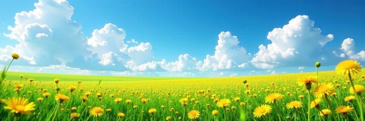 Obraz premium Vast dandelion meadow, azure sky overhead Puffy clouds dot the horizon , growth, wildflowers, wide
