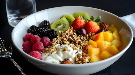 Vibrant Breakfast Bowl Featuring Colorful Fruits Nuts and Granola for Healthy Dining