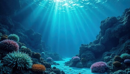 Obraz premium Intricate, textured deep blue underwater scene, blue water texture, ocean background