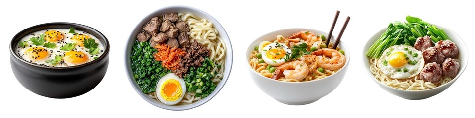Food isolated collection. Four bowls of delicious ramen featuring eggs, vegetables, and various meats, showcasing a variety of styles and presentations.