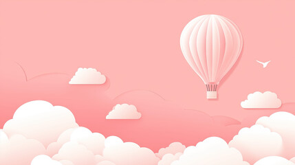 Obraz premium Light pink background with white clouds and a hot air balloon in the sky