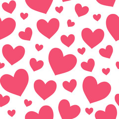 seamless pattern features various sizes of pink hearts scattered on a white background, creating a romantic and cheerful design perfect for Valentine's Day or love-themed