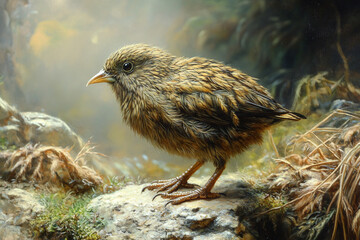 Fototapeta premium A Young Brown Bird Perched On A Rock