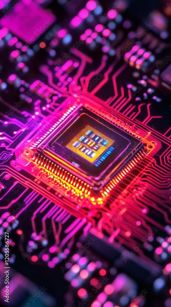 Poster close-up of a cpu illuminating a motherboard with vibrant, colorful lights, symbolizing the power an