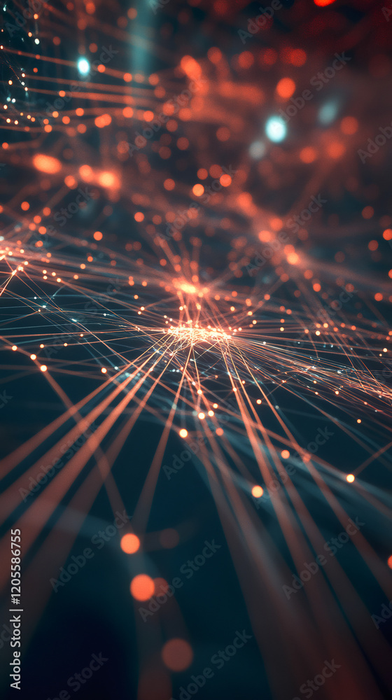 Poster abstract digital background visualizing a futuristic network made of interconnected nodes and lines,