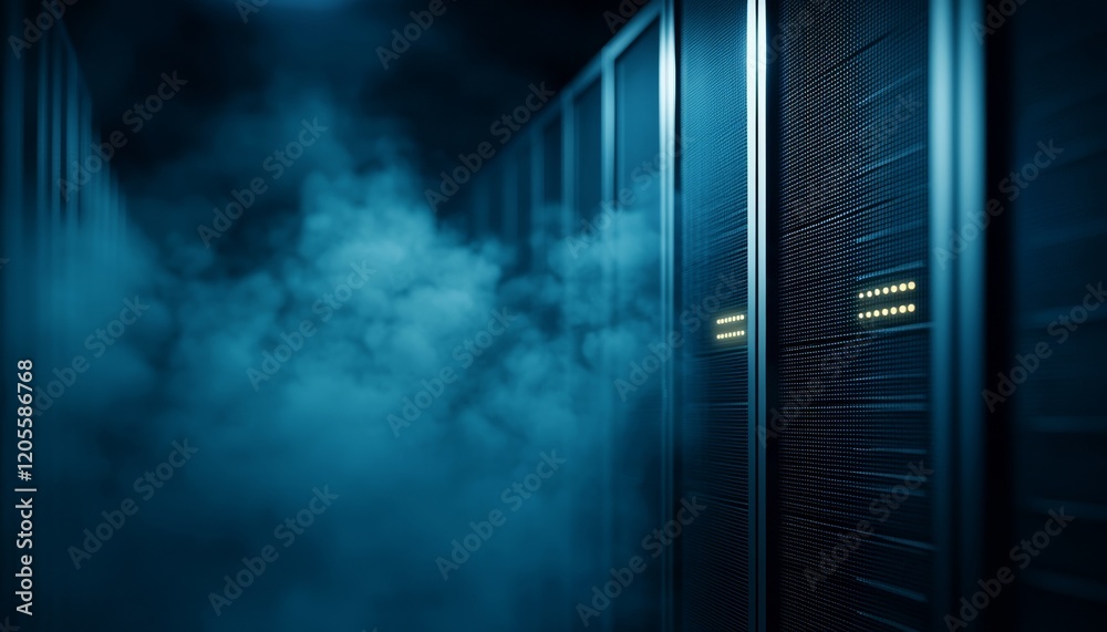 Poster a dimly lit data center features towering server racks shrouded in mist, creating a mysterious and t