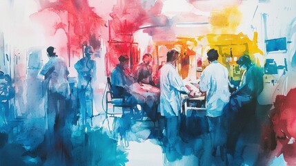 A group of healthcare professionals dressed in scrubs and lab coats collaborates in a colorful hospital environment. They focus intently on a patient, emphasizing teamwork and care