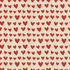 Seamless repeat pattern with small hand drawn doodle red hearts on kraft paper brown background. Valentines backdrop, packaging, wrapping paper