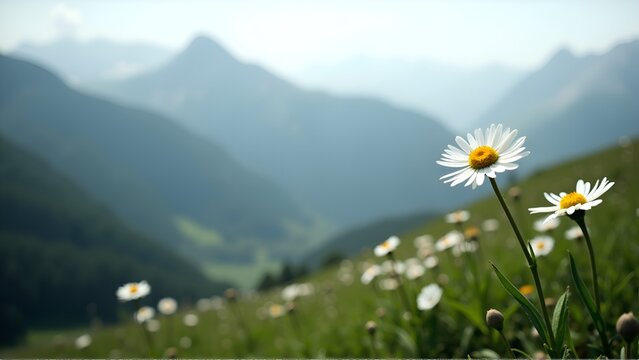 Twin Daisies Against Misty Mountain Landscape - Powered by Adobe