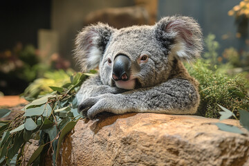 Fototapeta premium Koala Resting on Rock Surrounded by Eucalyptus