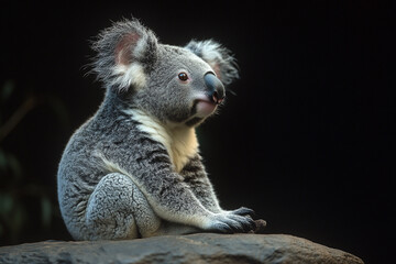 Obraz premium Adorable Koala Bear Sitting On A Rock Against A Dark Background