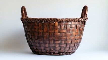 Obraz premium Large Dark Brown Woven Willow Basket with Handles Rustic Home Decor Vintage Style