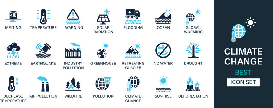 Climate change icon set collection. Melting, temperature, warning, solar radiation, flooding, ocean, global worming, extreme, earthquake and best solid icon set.
