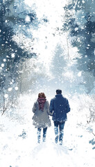 Couple walking hand-in-hand through snowy forest winter wonderland romantic scene peaceful atmosphere serene viewpoint