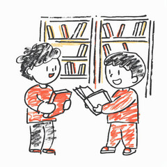 Two boys excitedly sharing books in colorful library setting
