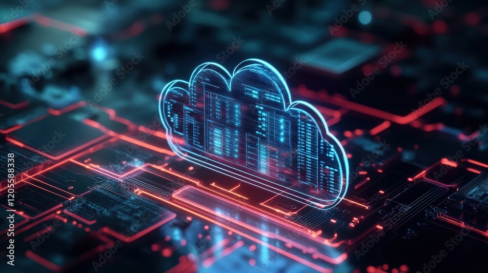 Poster Futuristic digital representation of a cloud computing network with glowing data servers atop a circuit board background, illustrating technology integration and data storage solutions.