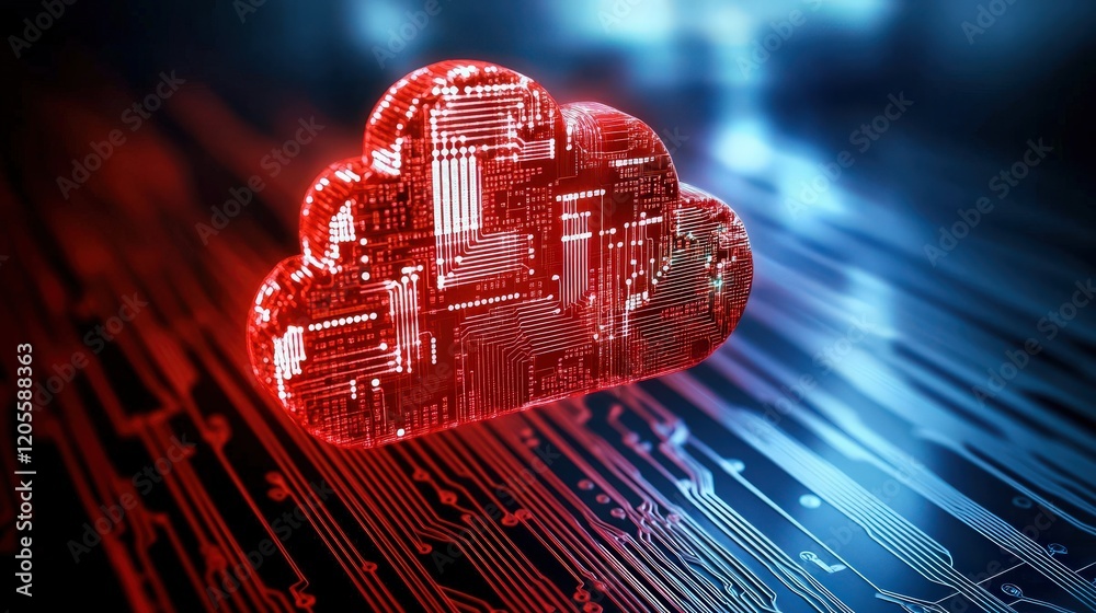 Fototapete Red Cloud with Digital Circuit Patterns on Abstract Technology Background Representing Data Storage and Network Connectivity in Modern Computing Environments
