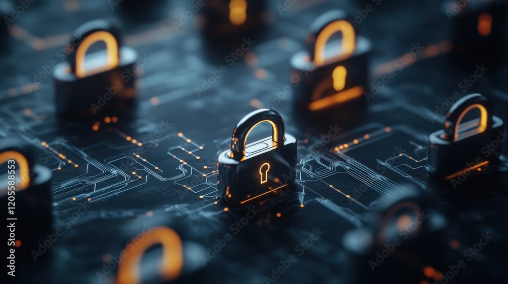 Aufkleber Digital Security Concept Featuring Metallic Padlocks on Circuit Board Background Representing Cybersecurity, Data Protection, and Privacy in Modern Technology Environment