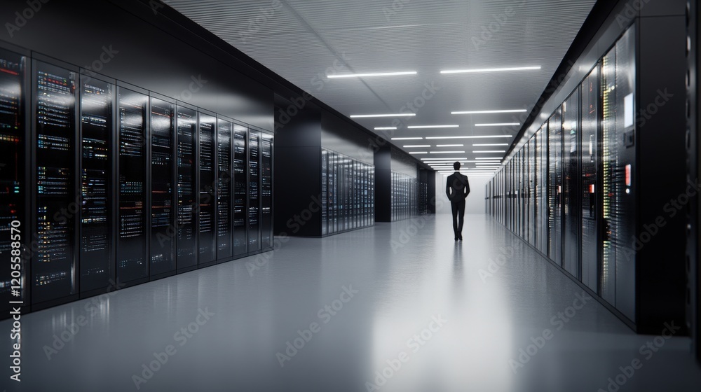 Aufkleber modern data center interior with rows of servers and a professional figure walking along the aisle i