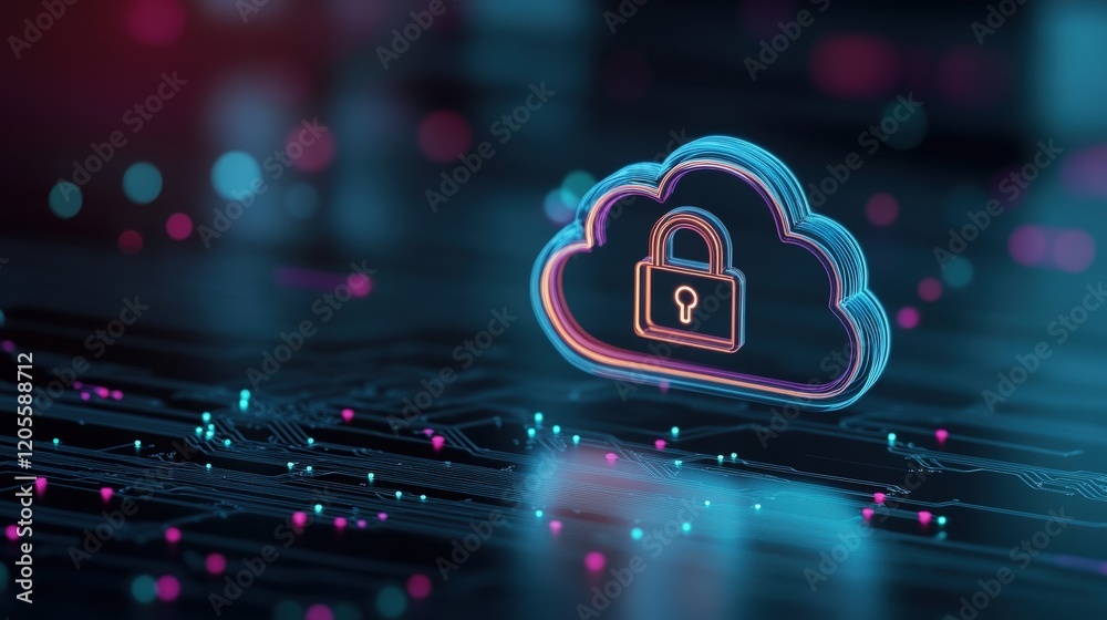 Poster Abstract digital cloud symbol with a padlock, representing cybersecurity and data protection, illustrating the concept of secure cloud storage in a modern technological environment