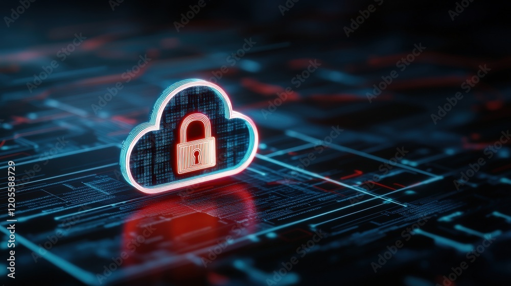 Poster Digital Cloud Security Concept with a Locked Padlock Icon Representing Data Protection and Cybersecurity in a High-Tech Environment
