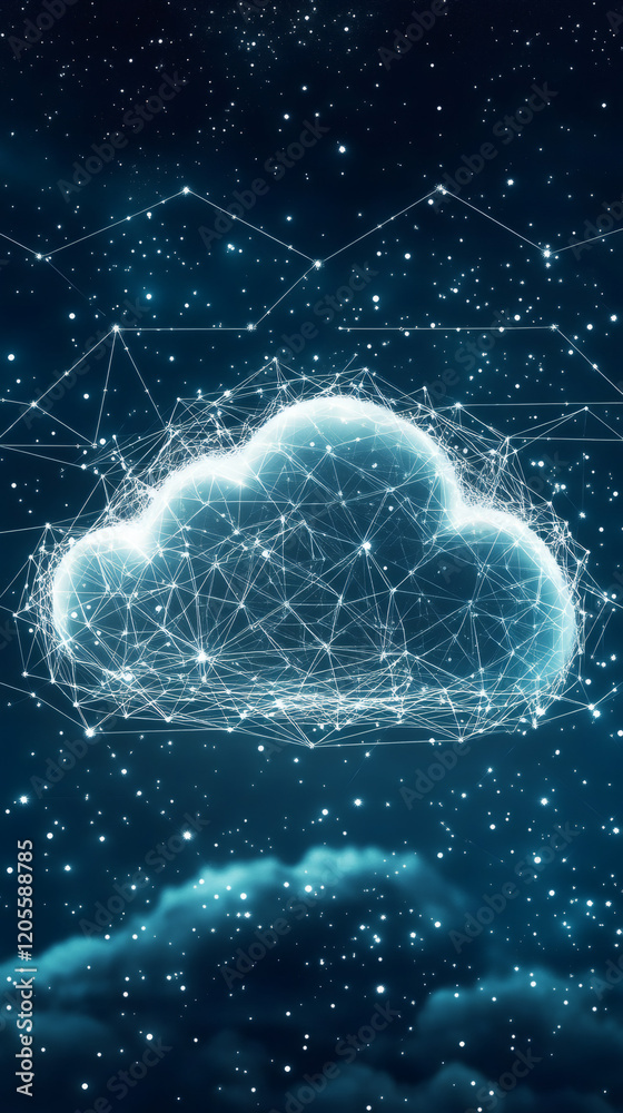 Leinwandbilder cloud computing network is made of connecting lines and dots over a starry night sky with clouds, cr