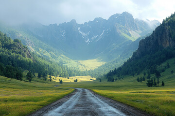 Naklejka premium Mountain Valley Road Winding Through Lush Green Landscape