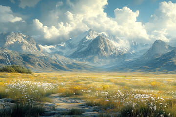 Fototapeta premium Majestic snow capped mountains overlook a vibrant wildflower meadow