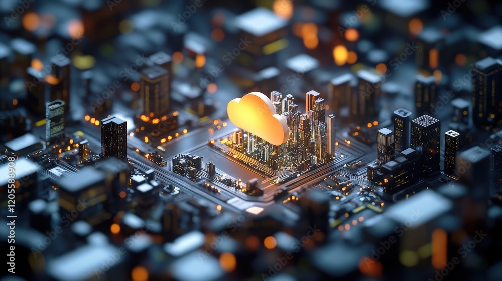 Poster futuristic cityscape with digital cloud symbolizing data storage and technology integration in a vib