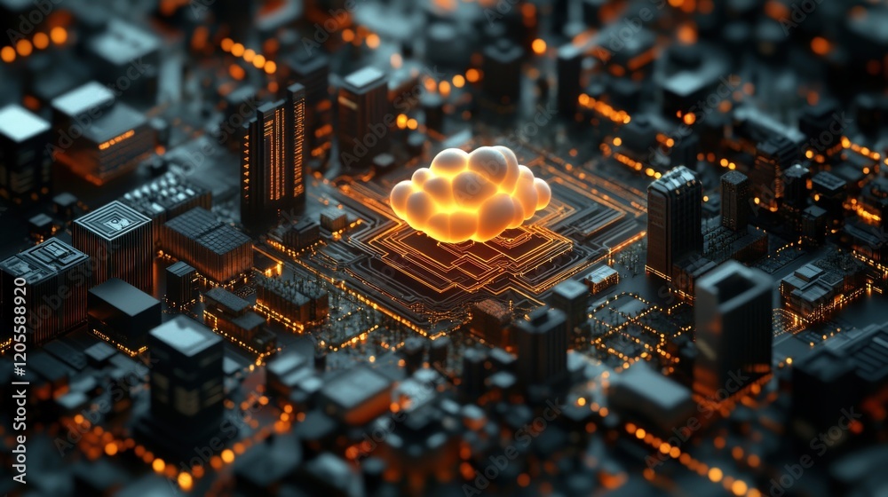 Leinwandbilder Futuristic Cloud Computing Concept on a Circuit Board with an Abstract Cityscape, Representing Digital Technology and Data Processing in Modern Infrastructure