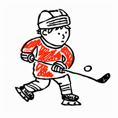 Fototapeta premium boy in red jersey skating and preparing to shoot hockey puck