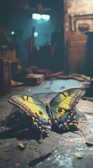 Large Yellow and Black Butterfly Resting on Dark Polished Surface in Workshop