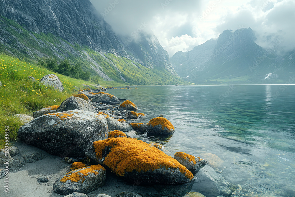 Wall mural Mountain lake shore rocks covered in vibrant orange lichen