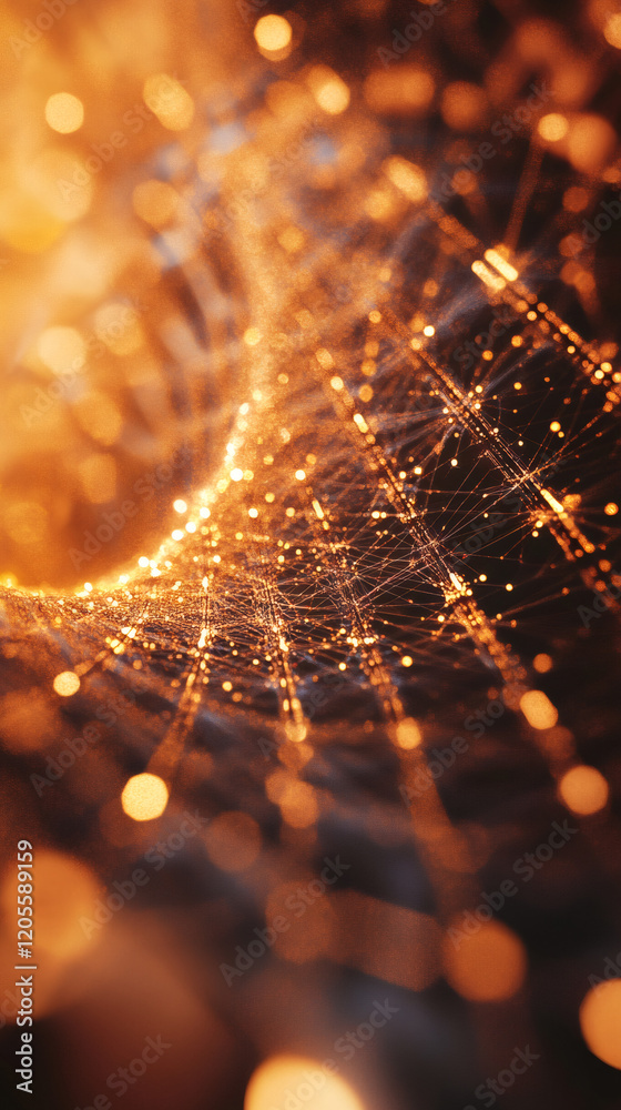 Fototapete Network mesh grid forming swirling vortex with glowing bokeh, representing technological innovation and digital connectivity