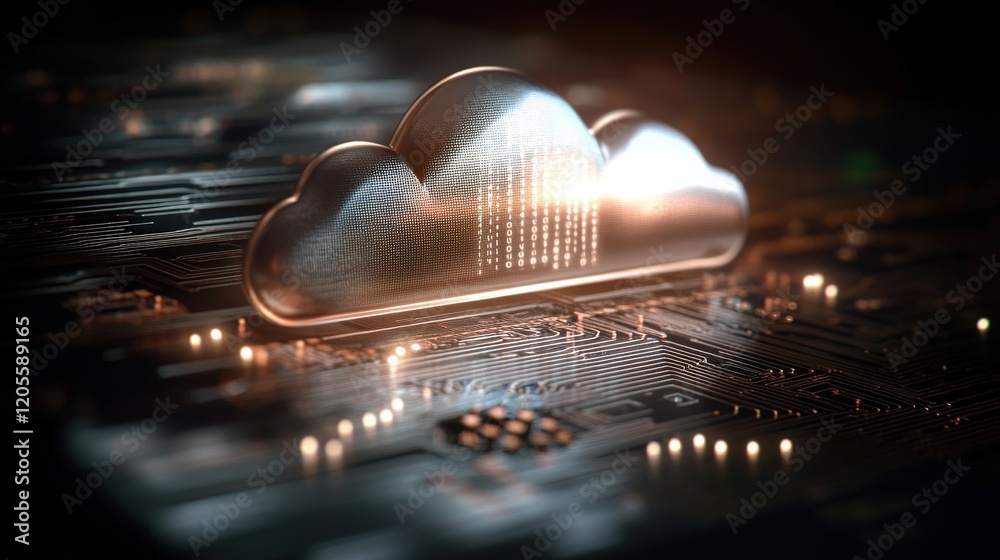 Poster Futuristic Cloud Computing Concept with Circuit Board Background, Illustrating Digital Data Storage and Technology Advancements in Modern Computing Environments