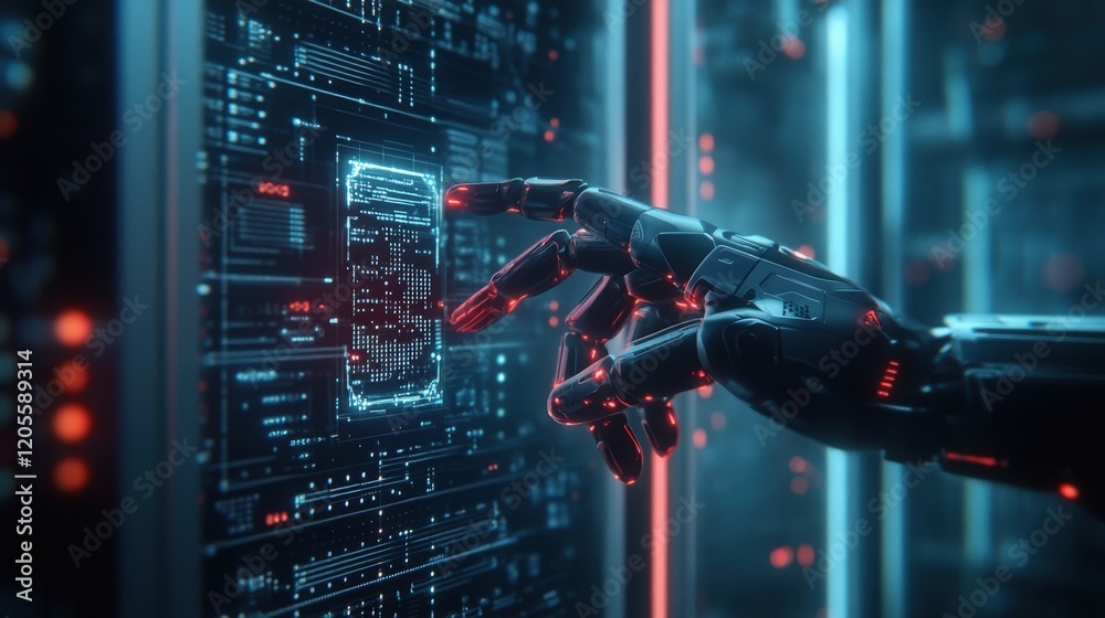 Aufkleber futuristic robotic hand interacting with a digital interface in a high-tech server room, highlightin