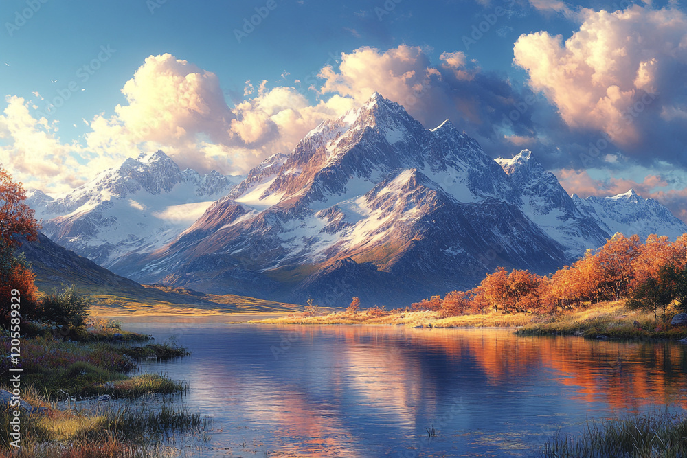 Wall mural Majestic snow capped mountains reflecting in autumn lake