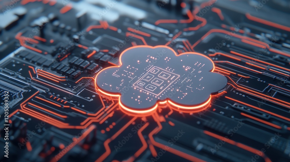 Aufkleber Abstract representation of digital cloud computing technology on a circuit board, showcasing interconnected data and modern electronic design elements