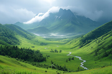 Obraz premium Serene Valley Landscape With Majestic Mountains And Winding River