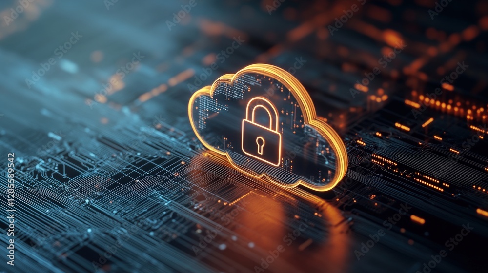 Poster Futuristic cloud security concept with a glowing lock, depicting data protection and digital privacy in a high-tech environment with intricate circuit patterns.