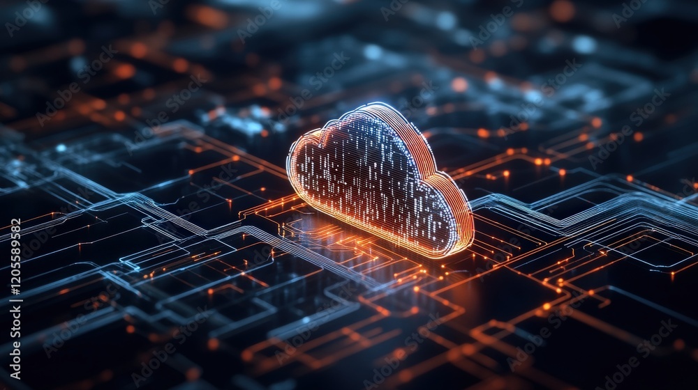 Aufkleber Futuristic Cloud Concept with Data Flow and Circuitry in a Technologically Advanced Setting Representing Digital Storage and Connectivity