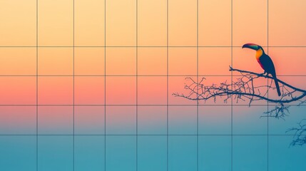 Fototapeta premium Colorful Toucan on Bare Branch at Sunset Serene Nature Scene Tropical Bird