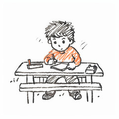 boy practicing handwriting at picnic table, focused and engaged