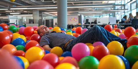 Man Enjoying Cheerful Moment in Colorful Ball Pit at Modern Office