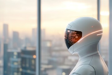 Futuristic robot with a sleek design gazes at a city skyline during sunset