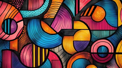 A colorful abstract painting with many different shapes and colors